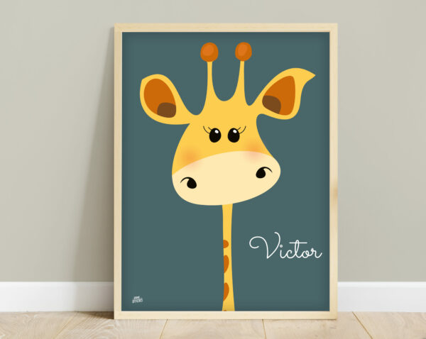 affiche savane bébé girafe bleu prénom