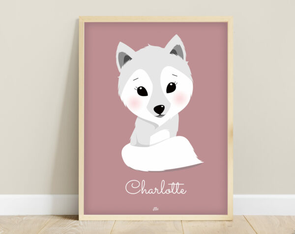 affiche bébé loup blanc rose prénom